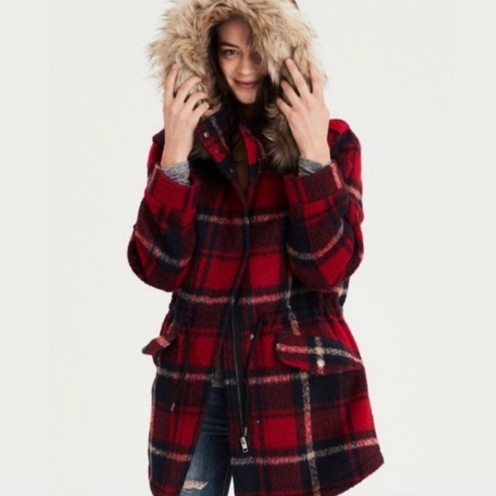 American Eagle Outfitters Red Plaid Jacket with Faux Fur Hood